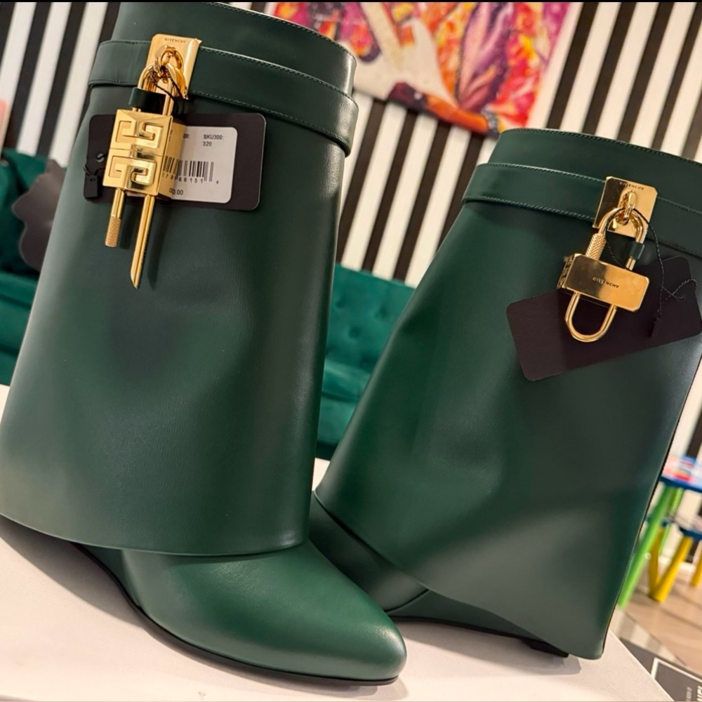 Givenchy Green Heeled Boots with Gold Accents